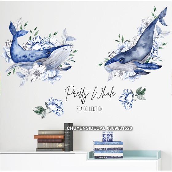 Decal trang trí tường - Cá Voi Xanh Hoa Cổ điển