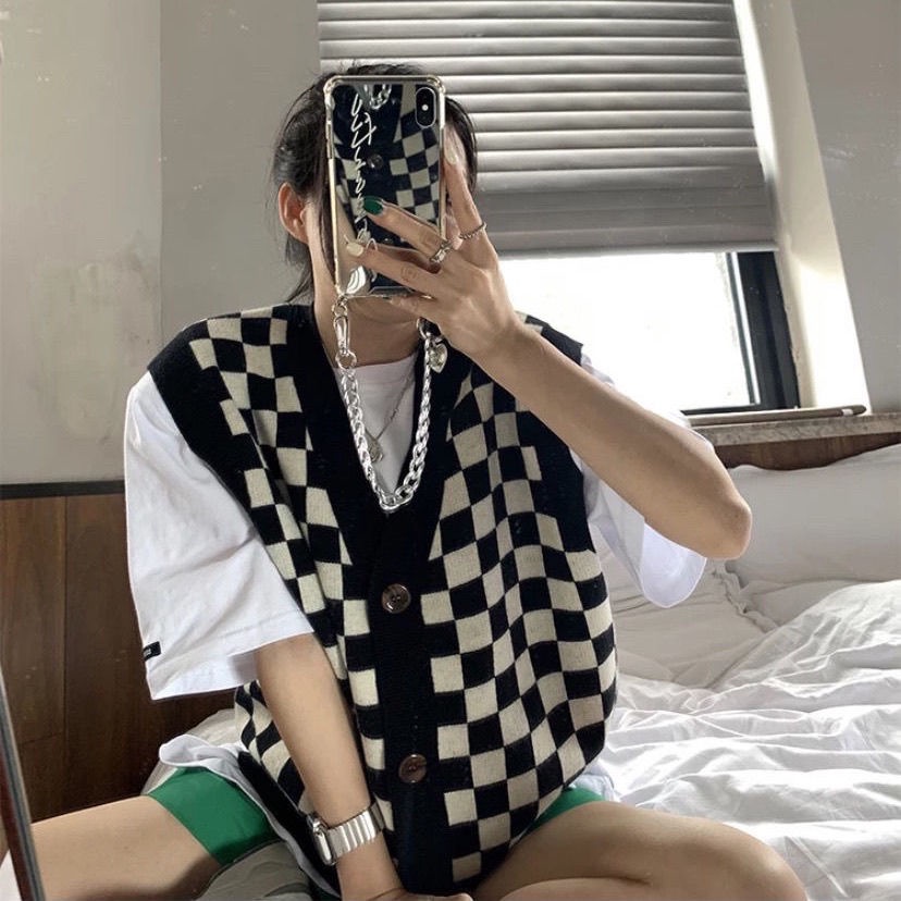 COZOK Áo sweater cổ chữ V họa tiết sọc caro phong cách Hàn Quốc