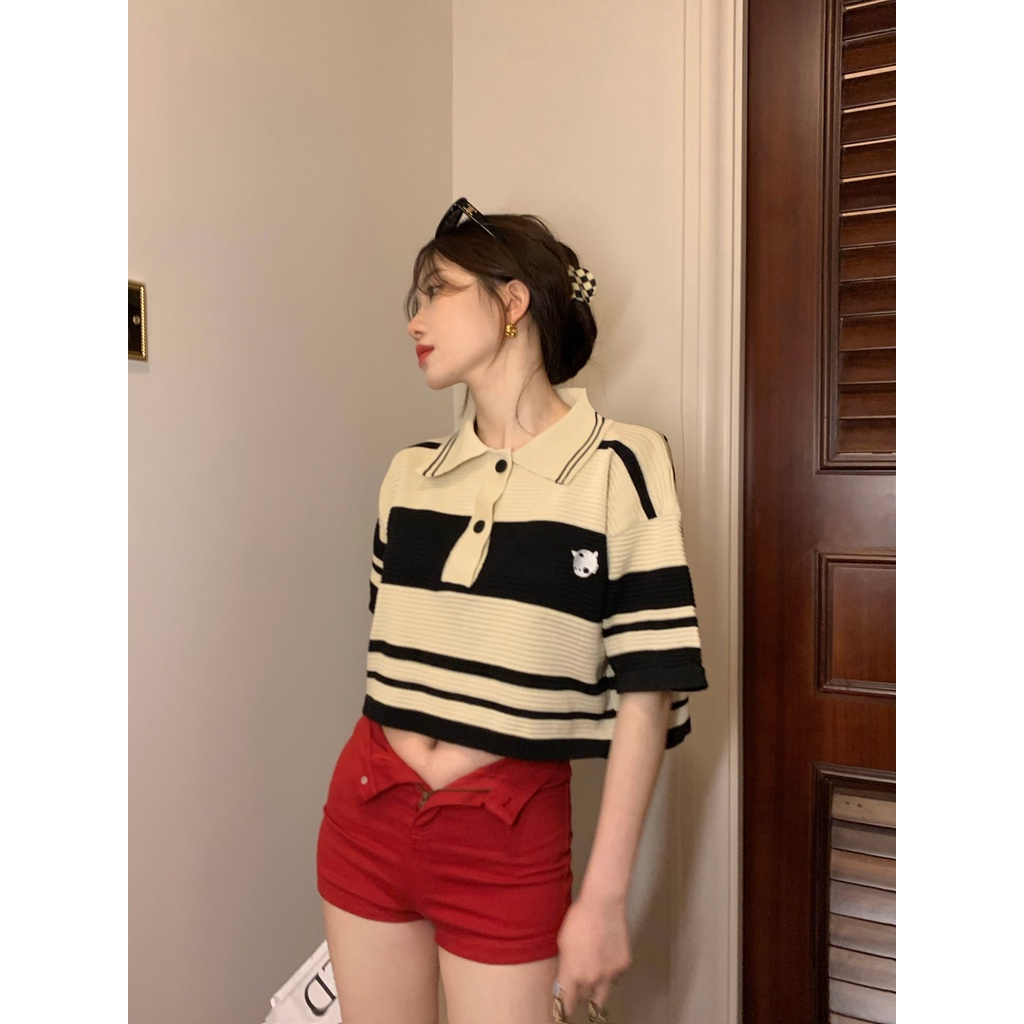 LALISAS Áo kiểu phối màu kẻ sọc thời trang hàn quốc dễ phối đồ cho nữ