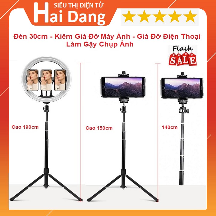 Đèn Livestream 30cm, Kẹp 3 Điện Thoại Đèn Siêu Sáng - Chân Rút Cao 190cm - Làm chân Đỡ máy Ảnh Và làm Gậy Chụp Ảnh