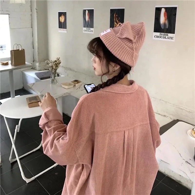 Áo Sơ Mi Nam Nữ Màu Hồng Xanh Dài Tay Chất Nhung Gân Tăm Thêu FACE Form Rộng Cài Cúc Phom Unisex Phong Cách Ulzzang
