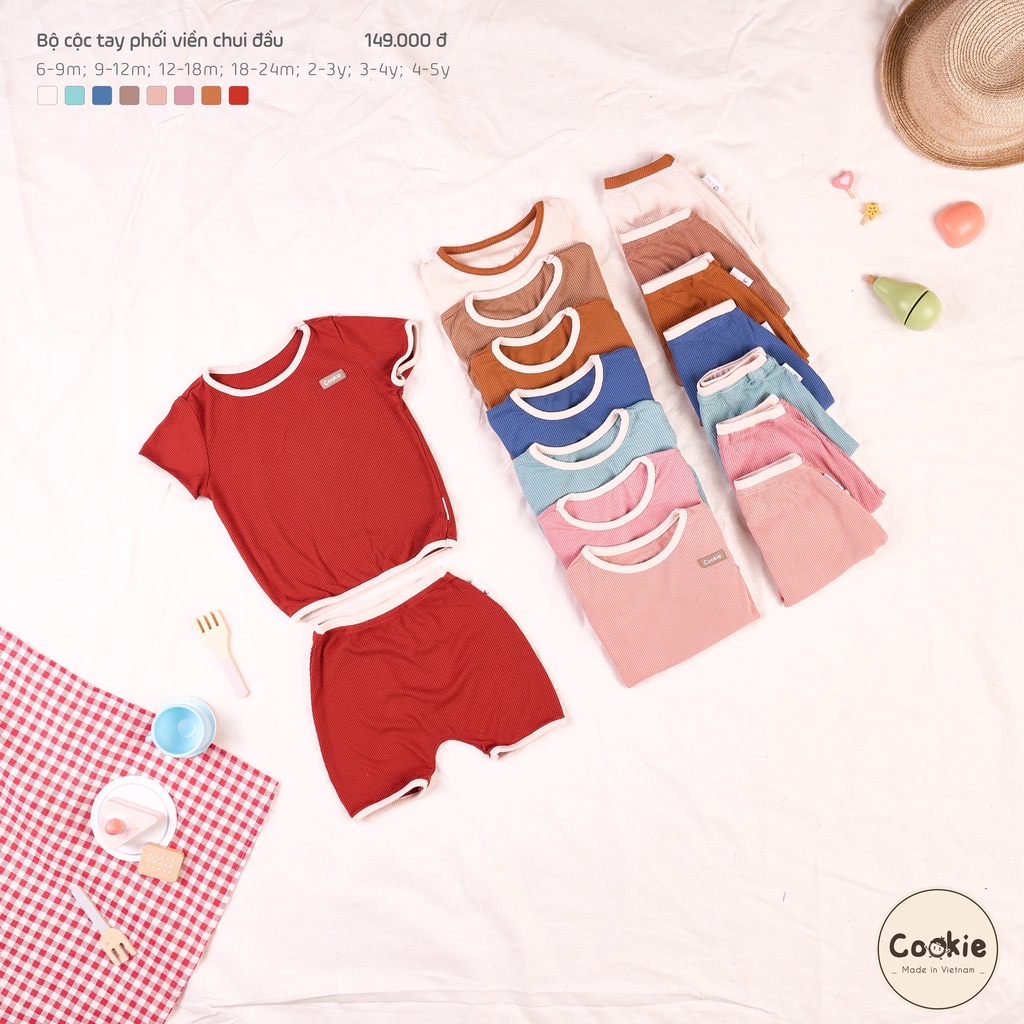 Bộ cộc tay phối viền chui đầu Cookie thun tăm lạnh cho bé