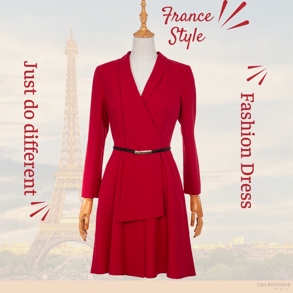 Đầm Vest Công Sở Tay Dài Kèm Dây Thắt Lưng CQA Boutique CQA0017 Màu Đỏ Rượu Chất Liệu Polyester
