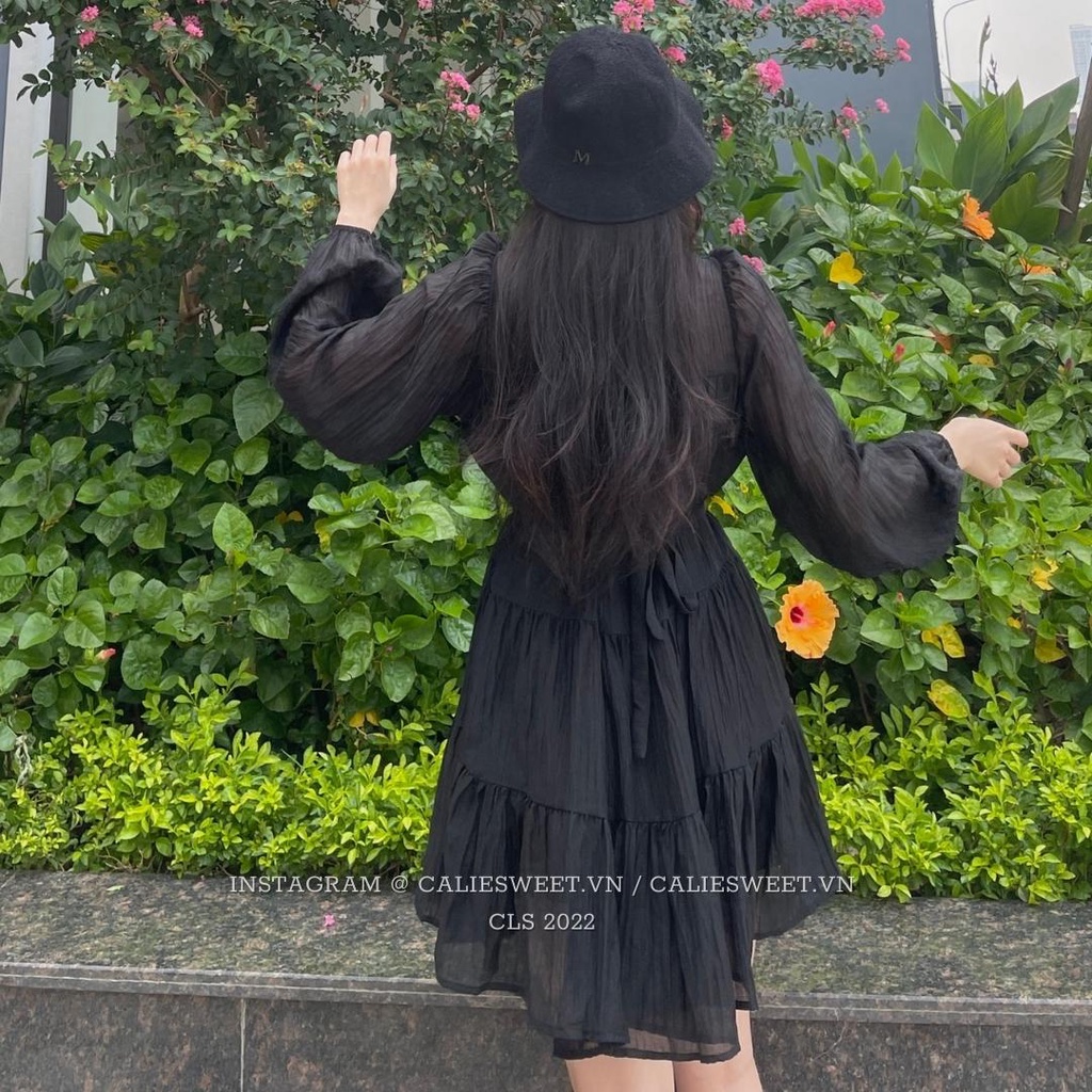 Đầm babydol tay phồng Caliesweet váy babydol dài tay 2 lớp chất đũi xước