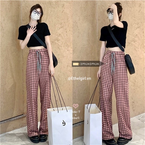 Quần ống rộng Họa Tiết Sọc Caro Phối Dây Rút Thời Trang Trẻ Trung Cho Nữ