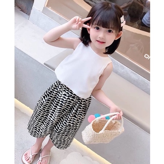 Đồ bộ bé gái - Set áo croptop nơ sau lưng kèm quần xếp ly siêu xinh cho bé gái 1-5 Tuổi