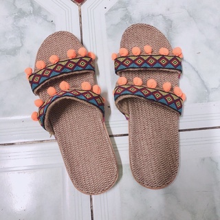 Dép cói vintage đế bằng thổ cẩm tua rua đi biển cực xinh