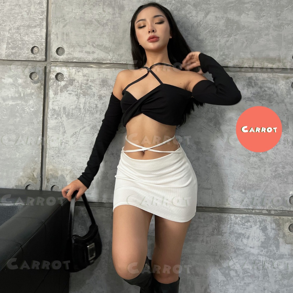 Áo croptop đen tay dài sexy cột dây tôn dáng trendy thời trang nữ carrotxinhdep đi chơi đi du lịch
