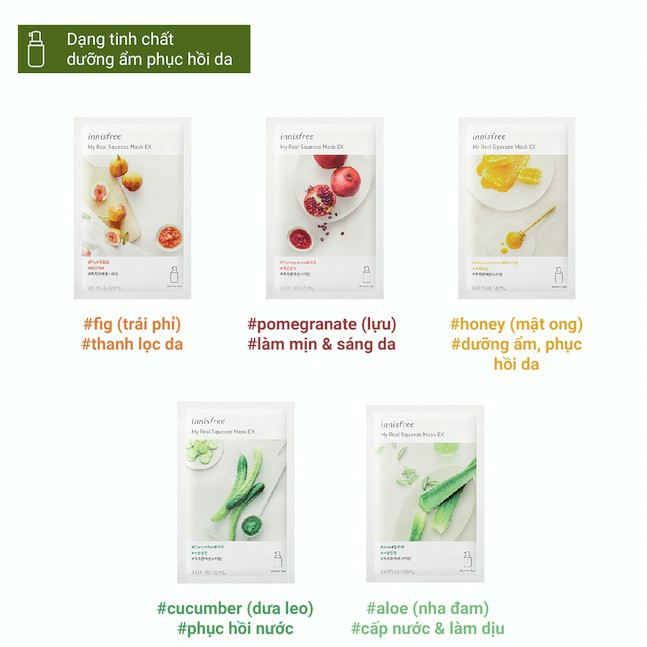 MẶT NẠ GIẤY  𝑭𝑹𝑬𝑬𝑺𝑯𝑰𝑷   Mặt nạ dưỡng da Hàn Quốc innisfree My Real Squeeze Mask 20ml