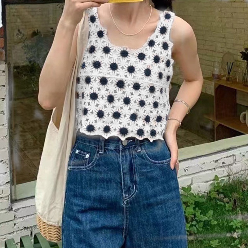 Áo Croptop Dệt Kim Thêu Họa Tiết Hoa Cúc Xinh Xắn Thời Trang Cho Nữ