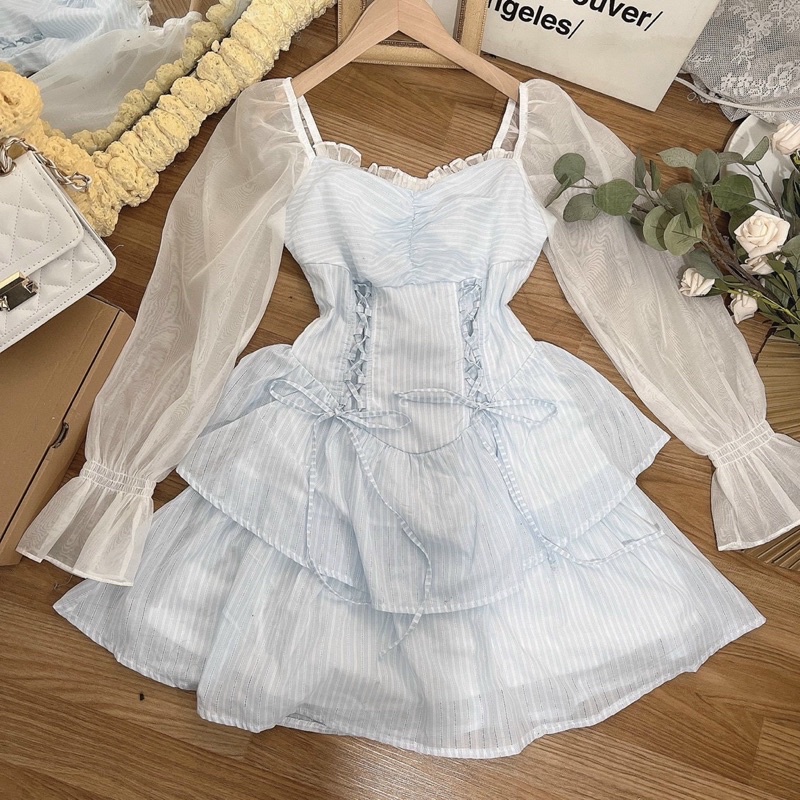 ĐẦM SỌC XANH ĐAN EO PHỐI TAY TRẮNG