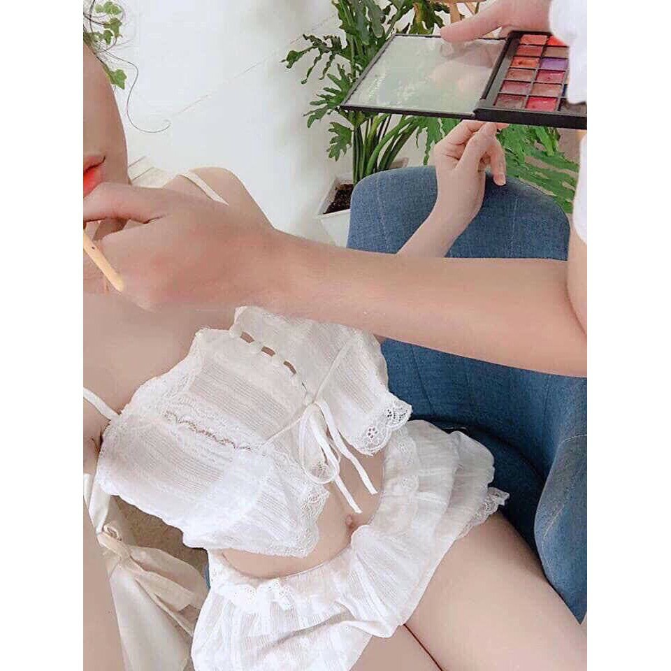 Đồ ngủ sexy, Bộ Ngủ 2 dây vải đũi pha ren mềm mại mặc nhà siêu gợi cảm --CharmingQueen