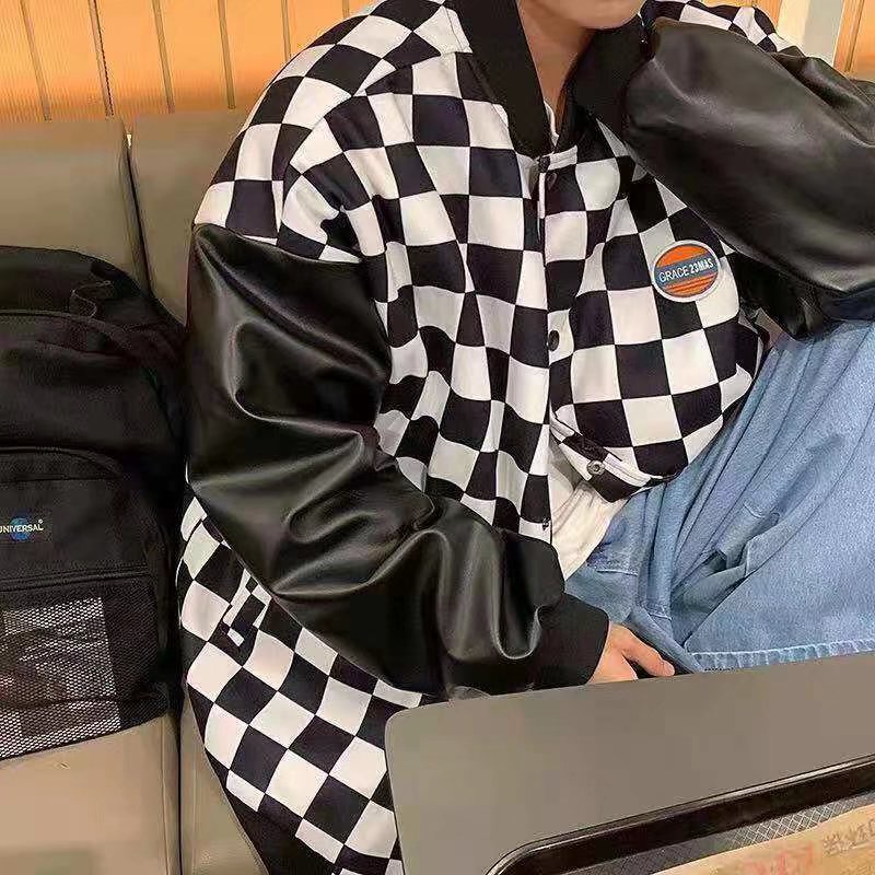 Áo khoác kẻ sọc nữ  Áo khoác da dáng rộng họa tiết sọc caro màu trắng đen phong cách năng động thời trang cho nam và nữ