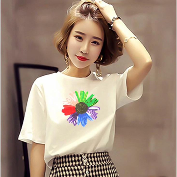 Áo thun nữ co giản 4 chiều tay ngắn cổ tròn in hình dễ thương theo mẫu AT06