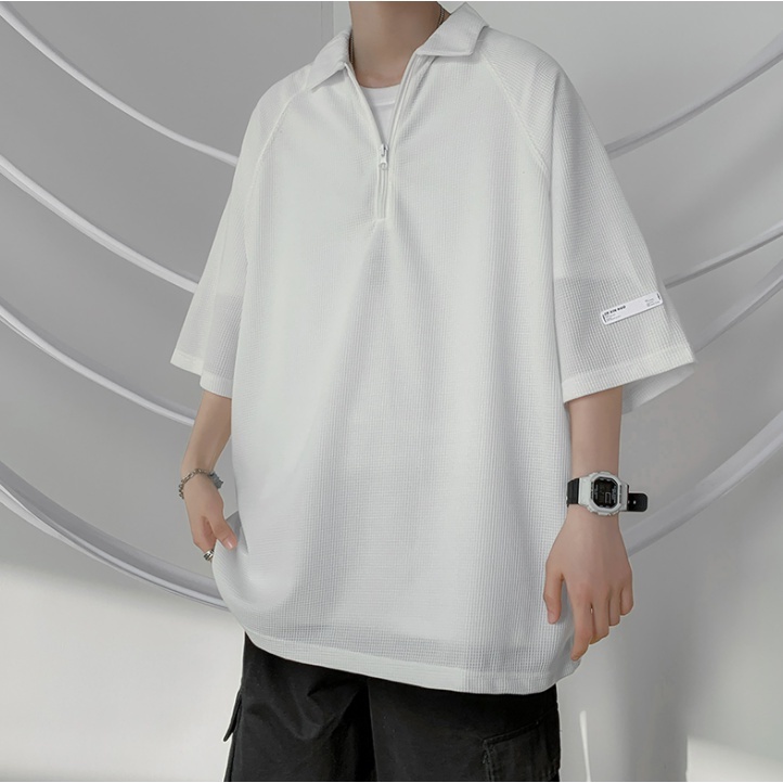 Áo Thun Polo Tay Ngắn Dáng Rộng Màu Trơn Có Khóa Kéo Thời Trang Phong Cách Hàn Quốc Cho Nam Giới