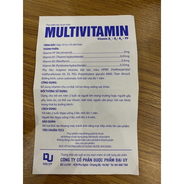 Viên uống MULTIVITAMIN-Bổ sung Vitamin B1, B2, B6, PP