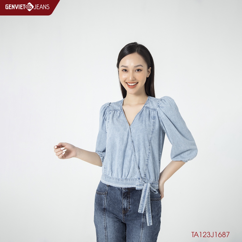 Áo Sơ Mi Jeans Tay Lửng Nữ GENVIET Dây Rút Thắt Eo Vai Bồng Chất Mềm Mát Cao Cấp TA123J1687