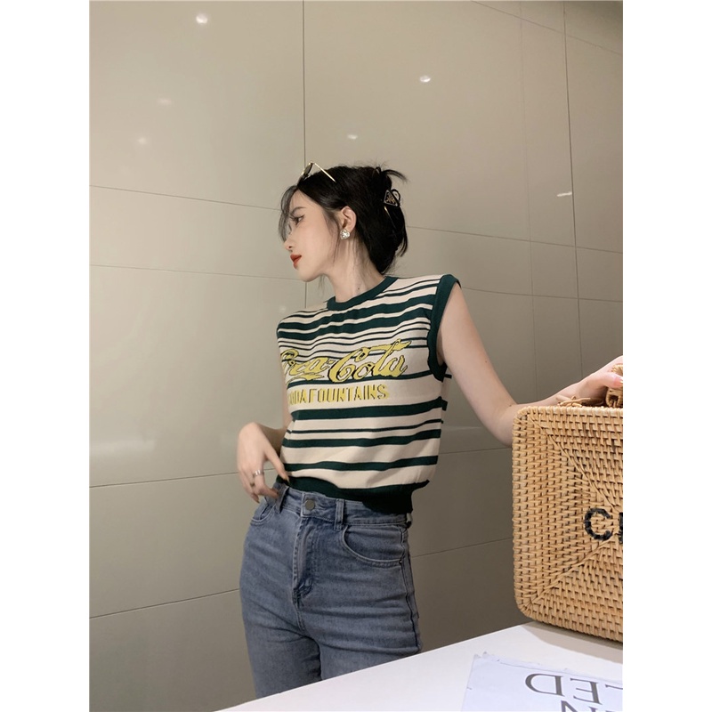 Áo Tank Top Dệt Kim Sát Nách Kẻ Sọc Phối Màu Tương Phản Kiểu Retro Mỹ Cá