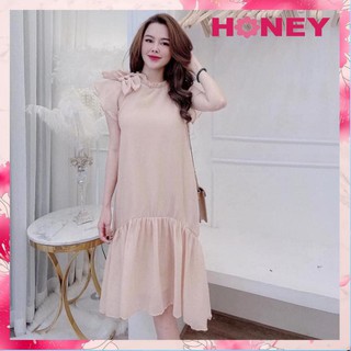 Đầm bầu đi tiêc - Váy bầu thiết kế nơ vai sát nách chất voan hai lớp viền cổ - Đầm thời trang BN05