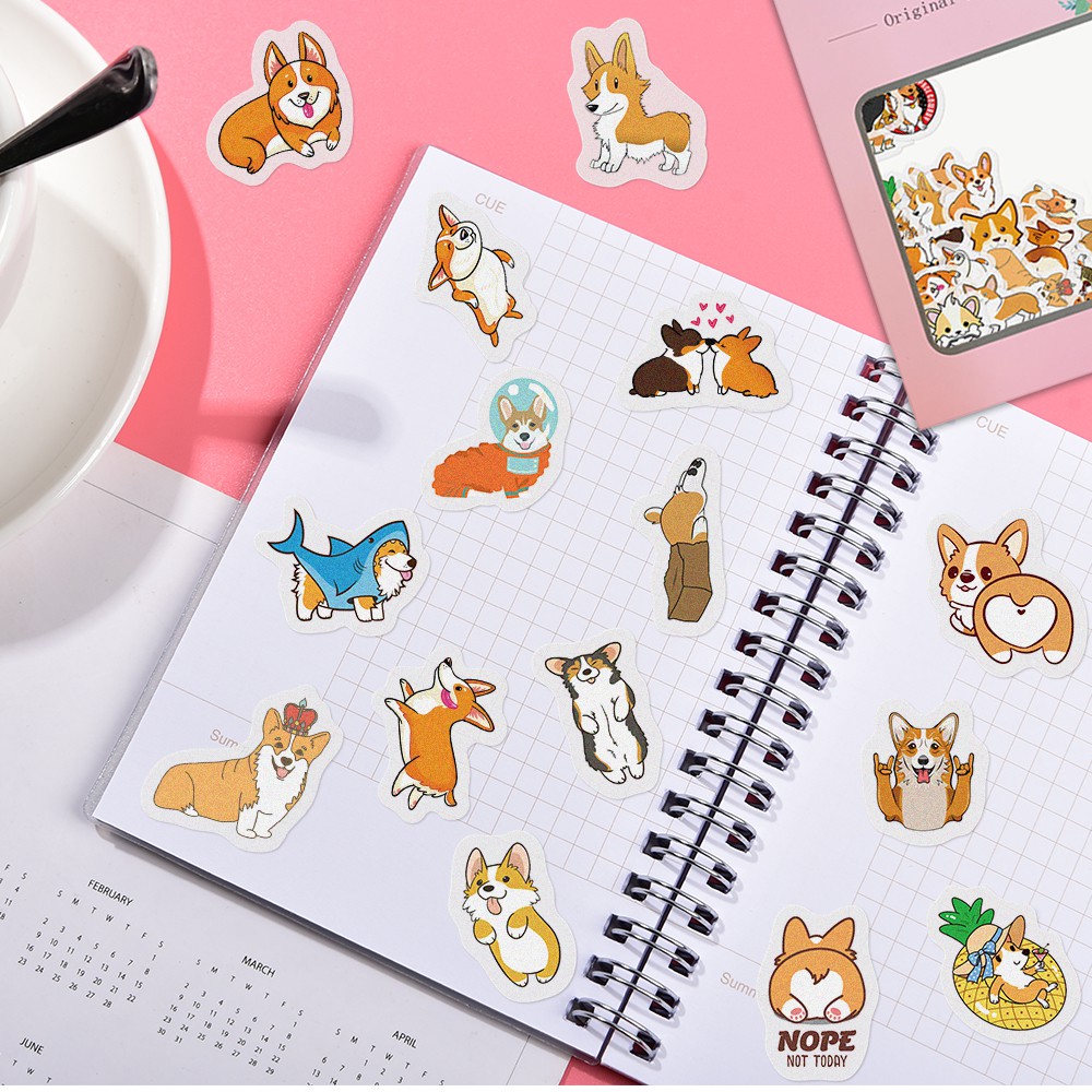 Set 40 miếng dán hình chú chó corgi hoạt hình dễ thương trang trí sổ lưu niệm/sổ ghi chú