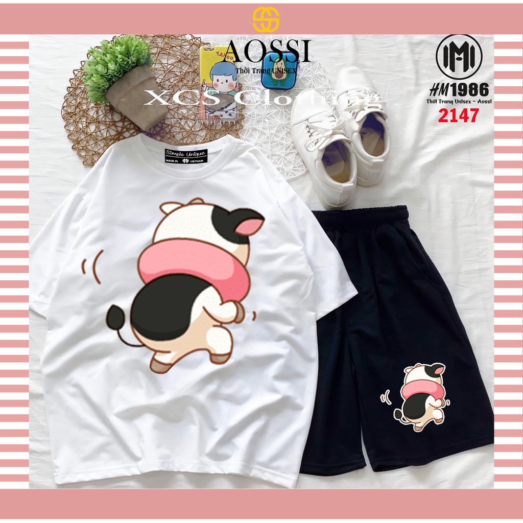 Đồ Bộ Hoạt Hình Unisex BÒ SỮA Aossi , Set Cartoon , Thun Cotton , Quần short Unisex Nam Nữ Đều Mặc Được