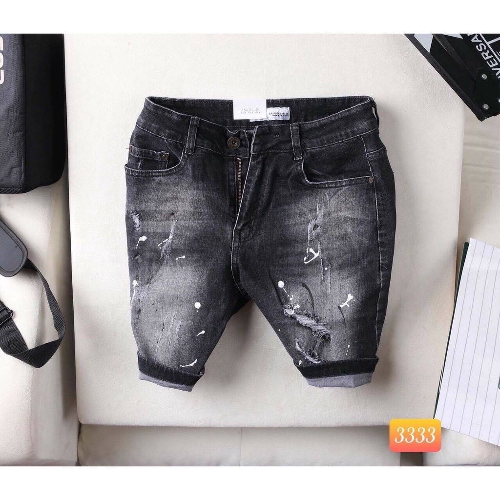 Quần short nam jean co giãn vẩy sơn rách xước phong cách bụi