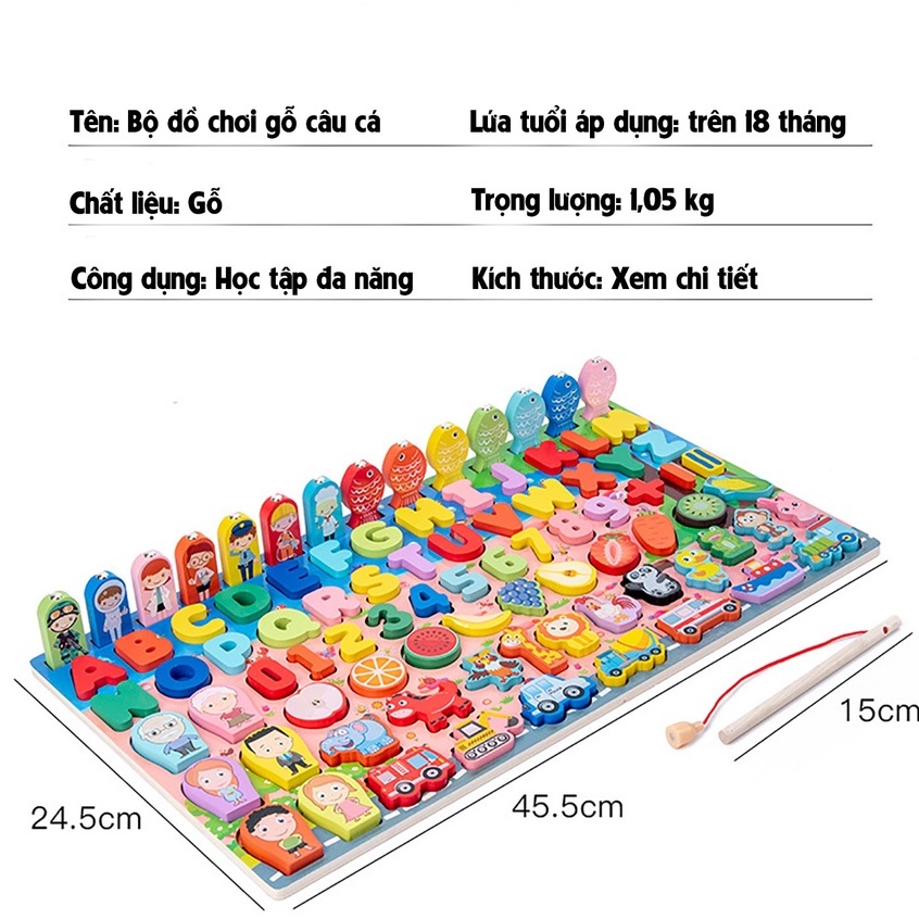Bảng số, chữ, hình, câu cá nhiều dòng - bảng số gỗ thông minh LENGKENG đa năng cho bé