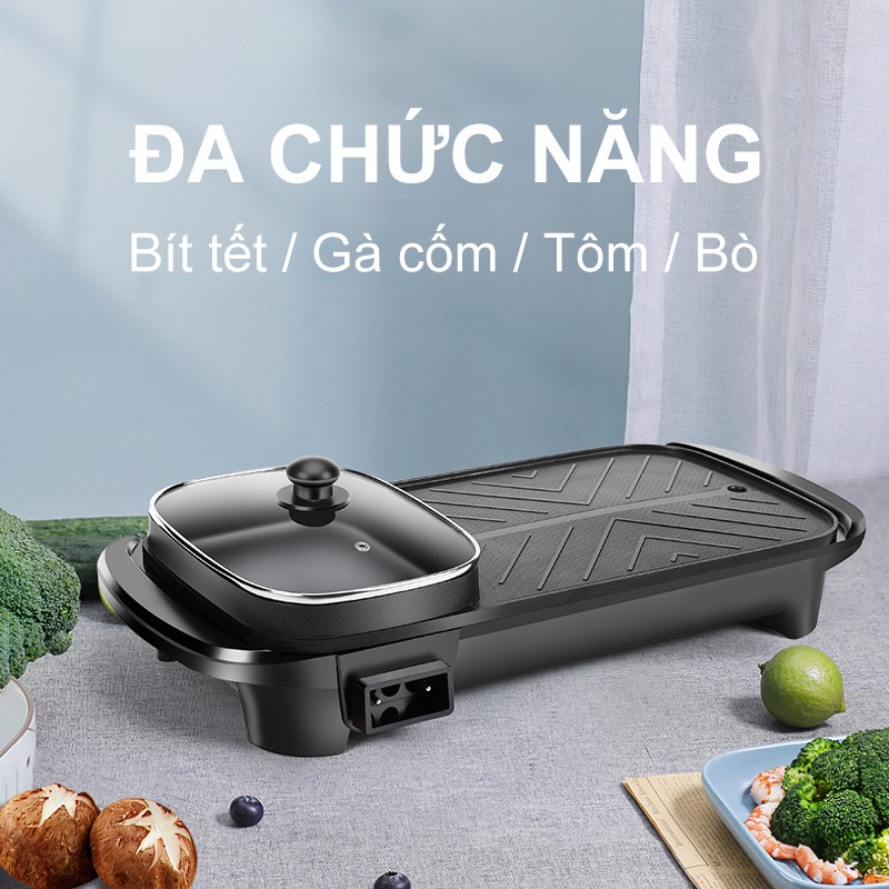 [HCM] 1200W Bếp lẩu nướng,bếp lẩu nướng điều khiển kép. Bếp lẩu 2 trong 1, Công suất tối đa, Thiết kế tiện lợi-[GM-7]
