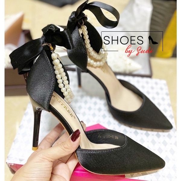 Giày cao gót 9p bít mũi có quai ngọc thắt nơ phía sau 2 màu trắng đen tiểu thư SUDI SHOSE TH139-BCF