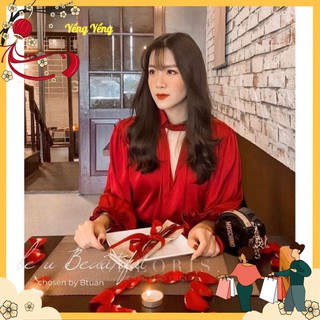 Anu130 - áo sơ mi lụa cổ khoét tim dài tay