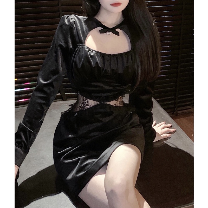 Đầm nhung đen mỏng cổ tròn tay dài phối ren phong cách thu đông