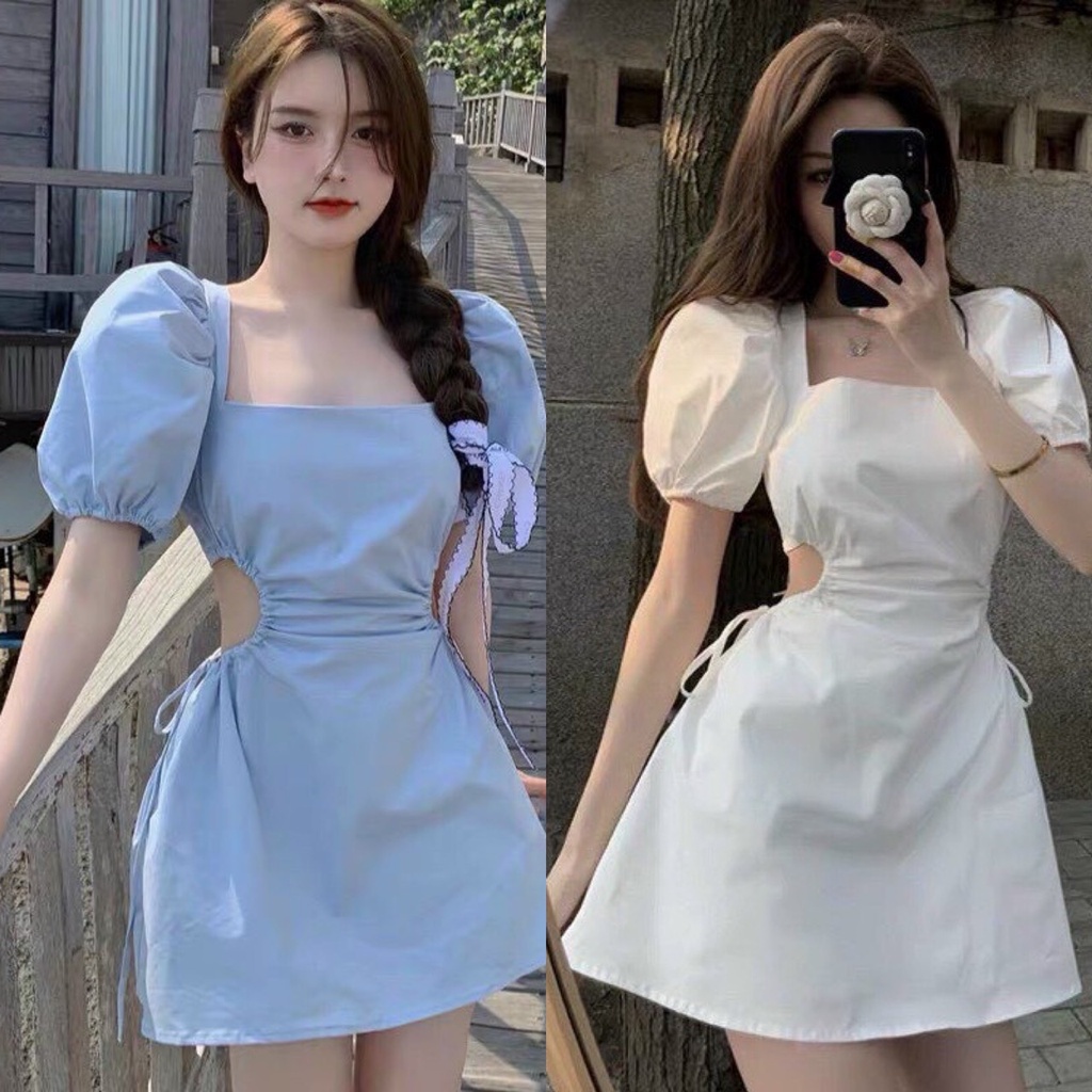 Váy đầm nữ mini dáng xòe cổ vuông tay bồng hở eo màu xanh