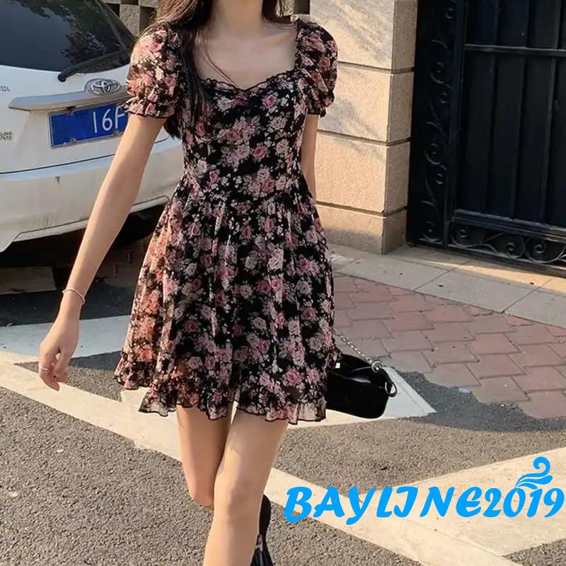 Đầm chữ A tay ngắn cổ vuông lưng cao thời trang mùa hè dành cho nữ