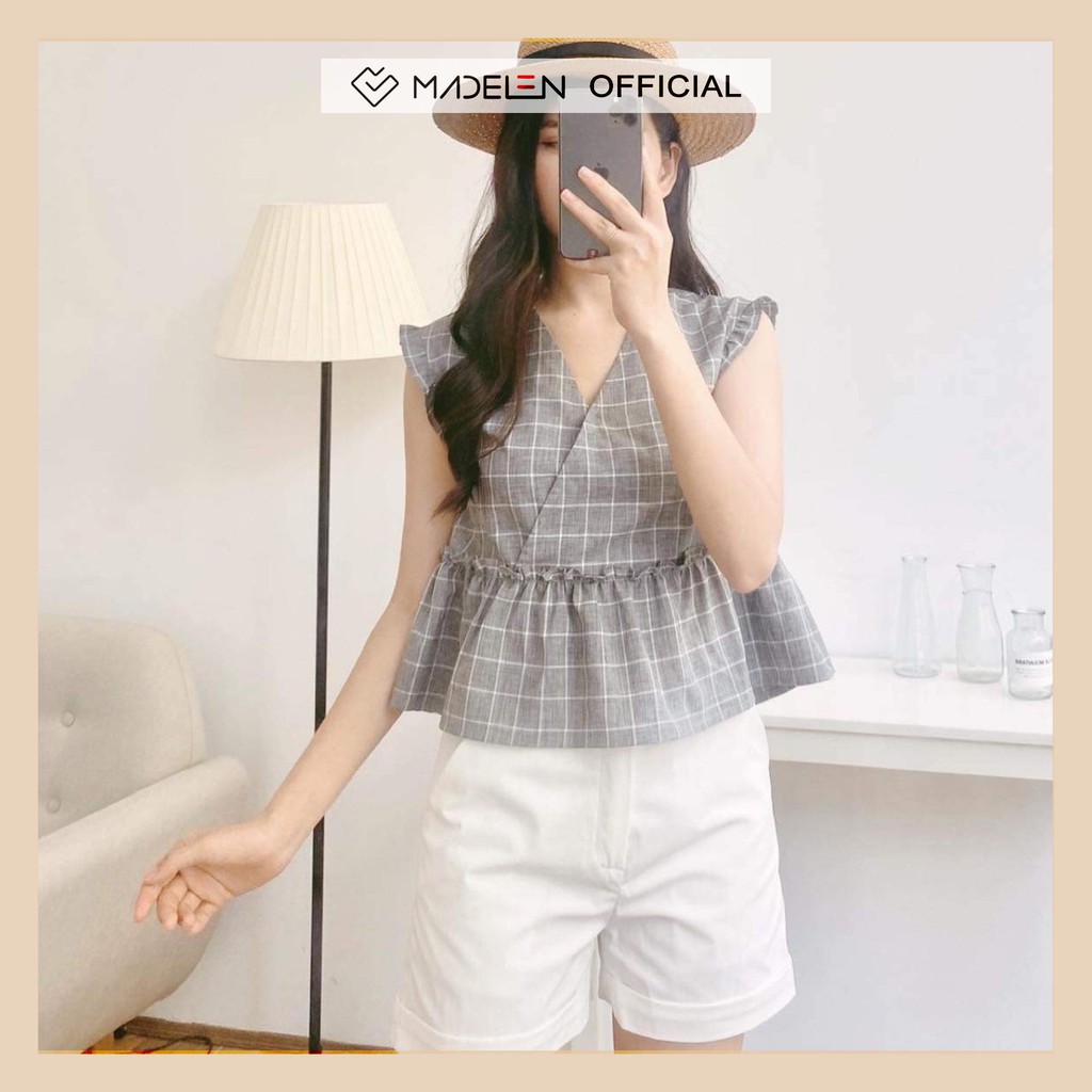 Áo babydoll dáng ngắn nữ MADELEN màu kẻ ghi chất vải thô