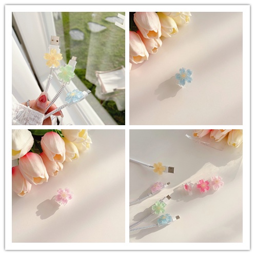 Cod Qipin Korean Flower Transparent Cartoon Take A Bite of Data Cable Cover for Universal Mobile Phone Data Cable Cover Accessories