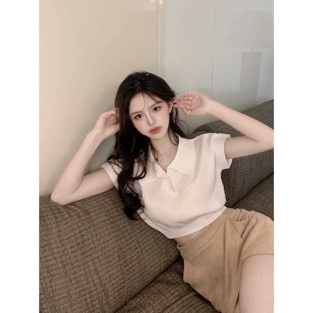 Áo Thun Dệt Kim Tay Ngắn Cổ Chữ V Màu Trơn Phong Cách Hàn Quốc Vintage Thời Trang Quyến Rũ Cho Nữ