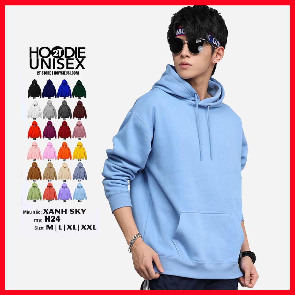 Áo hoodie unisex 2T Store H24 màu xanh da trời Sky - Áo khoác nỉ chui đầu nón 2 lớp dày dặn đẹp chất lượng