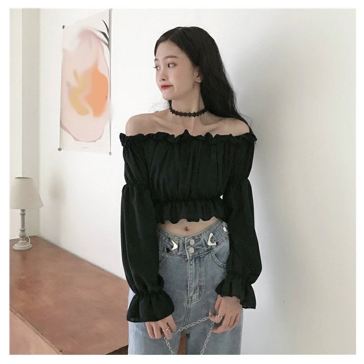 Áo trễ vai croptop tay bồng màu đen tay dài F15