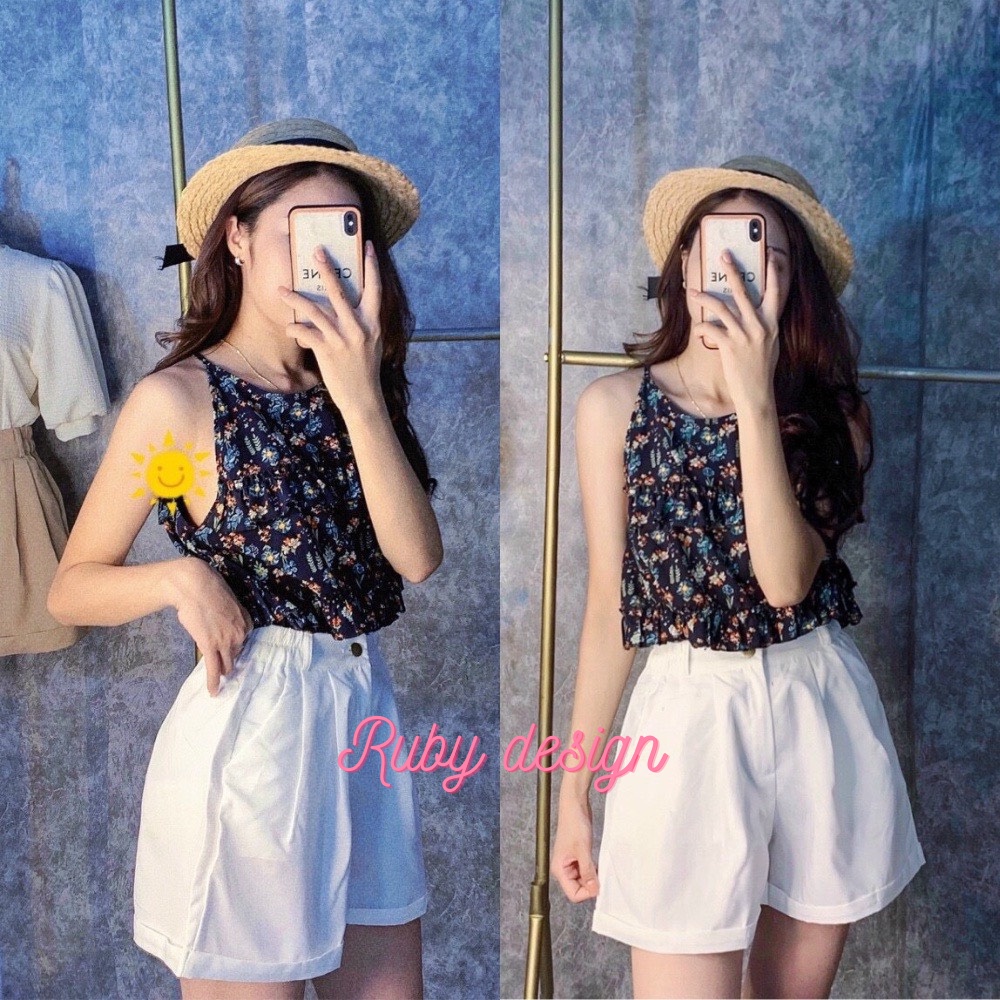 Quần short vải nữ quần nữ lưng cao ống rộng gập gấu chun eo màu đen màu trắng chất thô mềm phong cách hàn quốc đi chơi