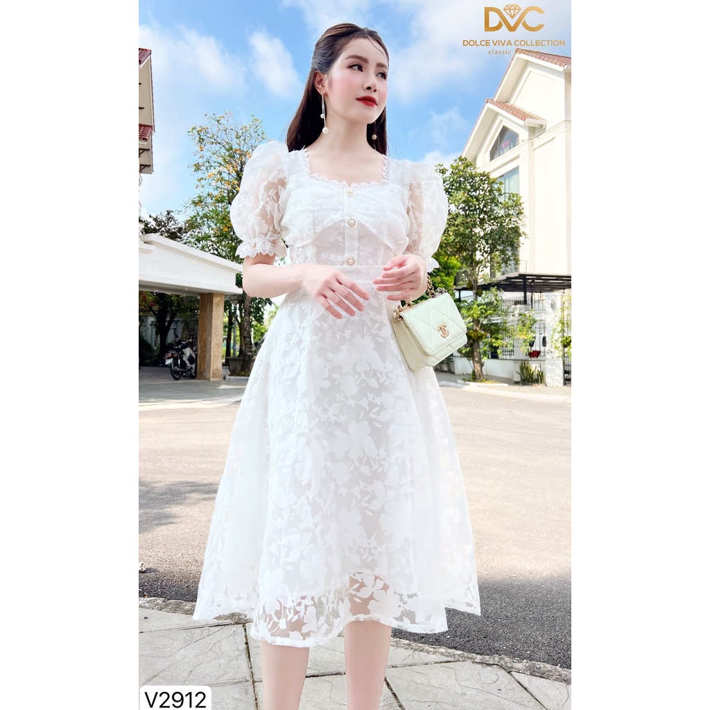 VÁY TRẮNG CỔ VUÔNG PHỐI VIỀN REN V2912   - DOLCE VIVA COLLECTION