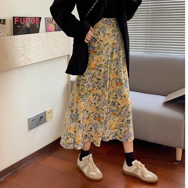 Shopee MALL	Chân váy Midi chất liệu Chiffon họa tiết hoa cúc phong cách Hàn Quốc cho nữ -5201