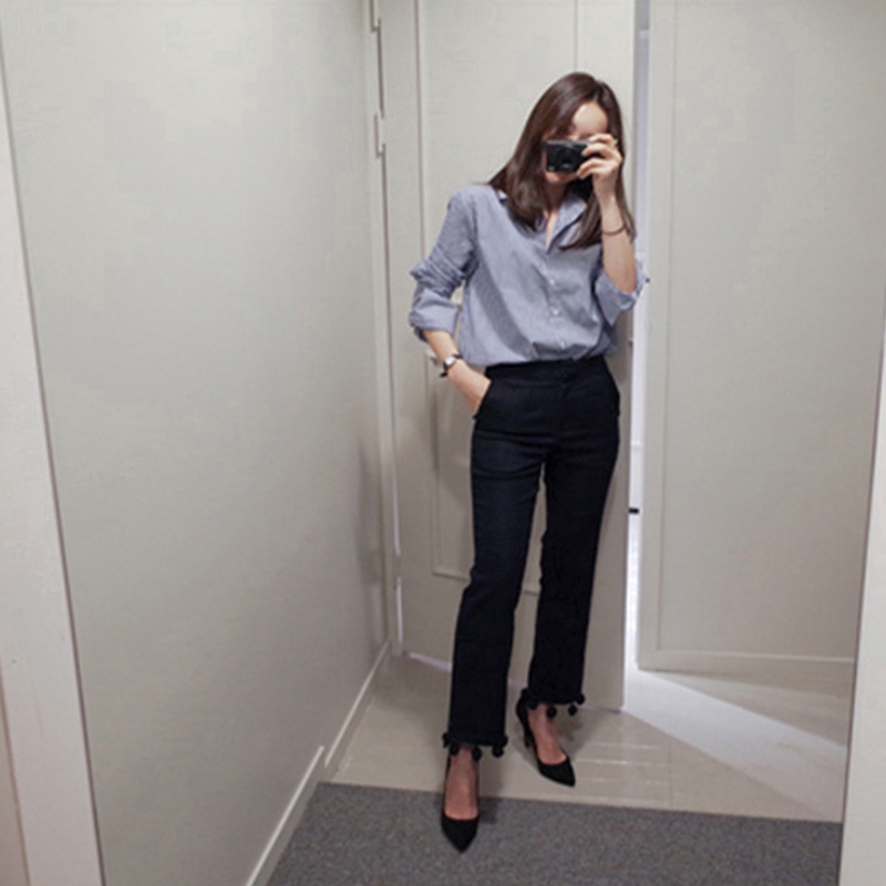 Áo Sơ Mi Dài Tay Cổ Chữ V Sọc Vằn Thời Trang Hàn Quốc Cho Nữ