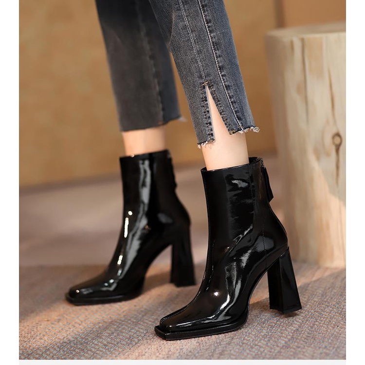 Giày Bốt Da Cao Gót Dáng Ôm Phối Khóa Kéo Sau Cá Tính Cho Nữ