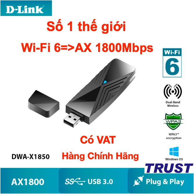 Bộ thu sóng Wi-Fi cổng USB chuẩn Wi-Fi 6 (802.11ax) tốc độ AX1800 - D-LINK DWA-X1850