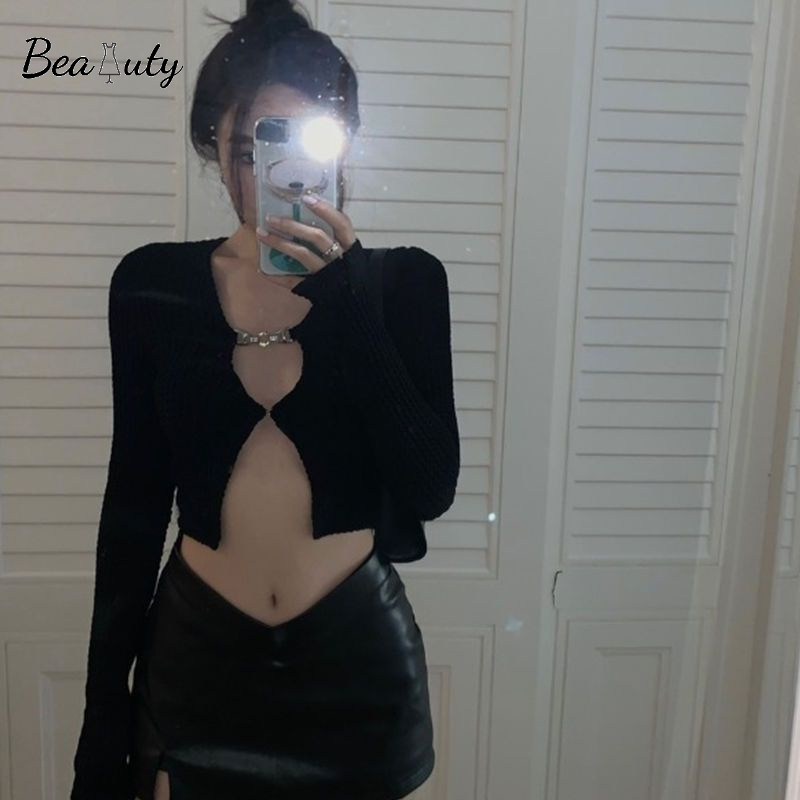 [MURIOKI] Áo Khoác Cardigan Ngắn Dệt Kim Tay Dài Màu Đen Có Khóa Cài Thời Trang Hàn Quốc 2022 Cho Nữ