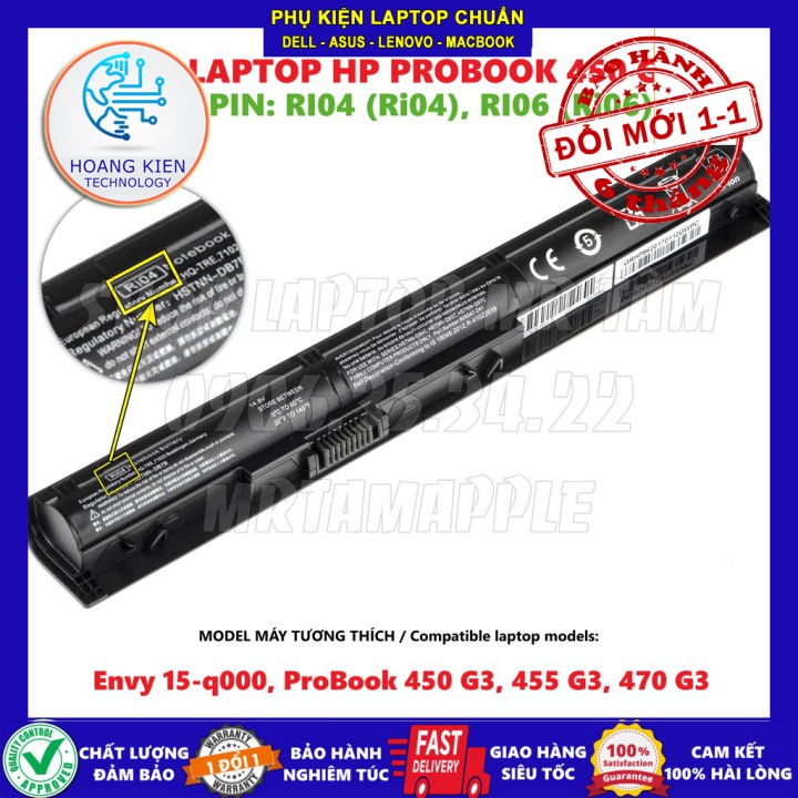 [Loại Tốt] Pin Laptop HP PROBOOK 450 G3 (RI04) - 4 CELL - ENVY 15 q000, ProBook 450 G3, 455 G3, 470 G3