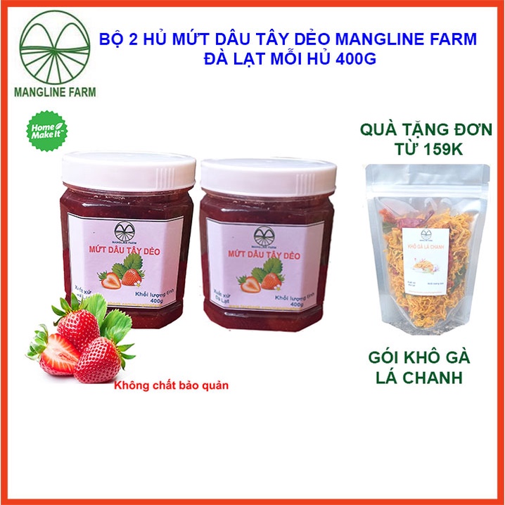 Bộ 2 hủ mứt dâu tây dẻo sạch nhà làm Mangline Farm Đà Lạt 400g, Đồ ăn vặt ngon ăn với bánh mỳ rất ngon Đặc sản Đà Lạt