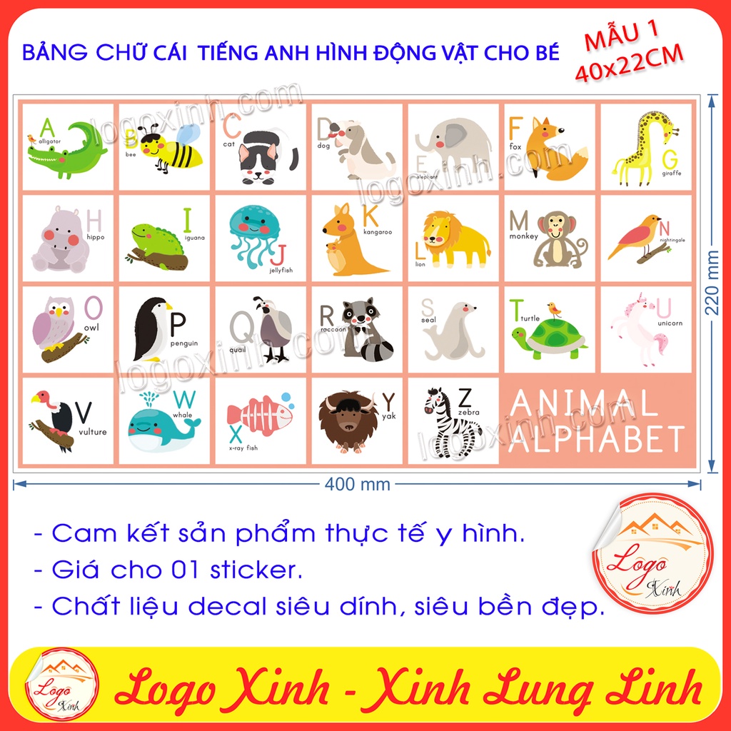 Bảng Chữ Cái Tiếng Anh Hình Động Vật Ngộ Nghĩnh Cho Bé , Chất Liệu Decal Dán Chắc Chắn, Sạch Sẽ, Animal Alphabet