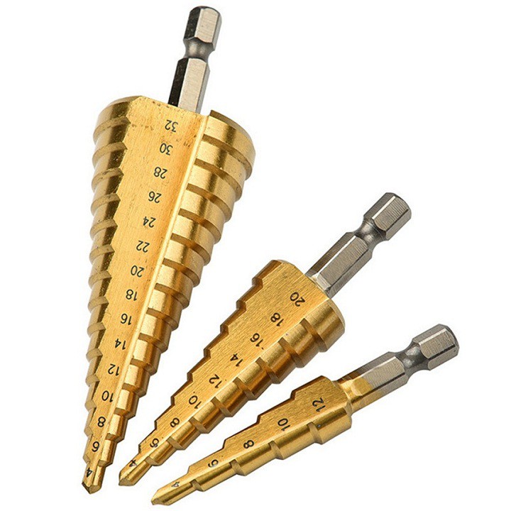 Bộ 3 mũi khoan tháp titanium 4-32mm khoan sắt,nhôm...trục 6.35mm