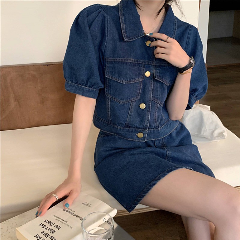 Small fashion suit female summer 2021 new bubble short-sleeved shirt denim skirt temperament was thin two-piece suit